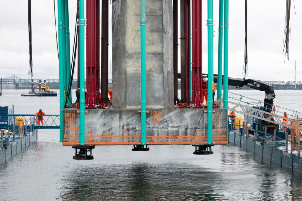 Installation of the bridge’s first foundation into water