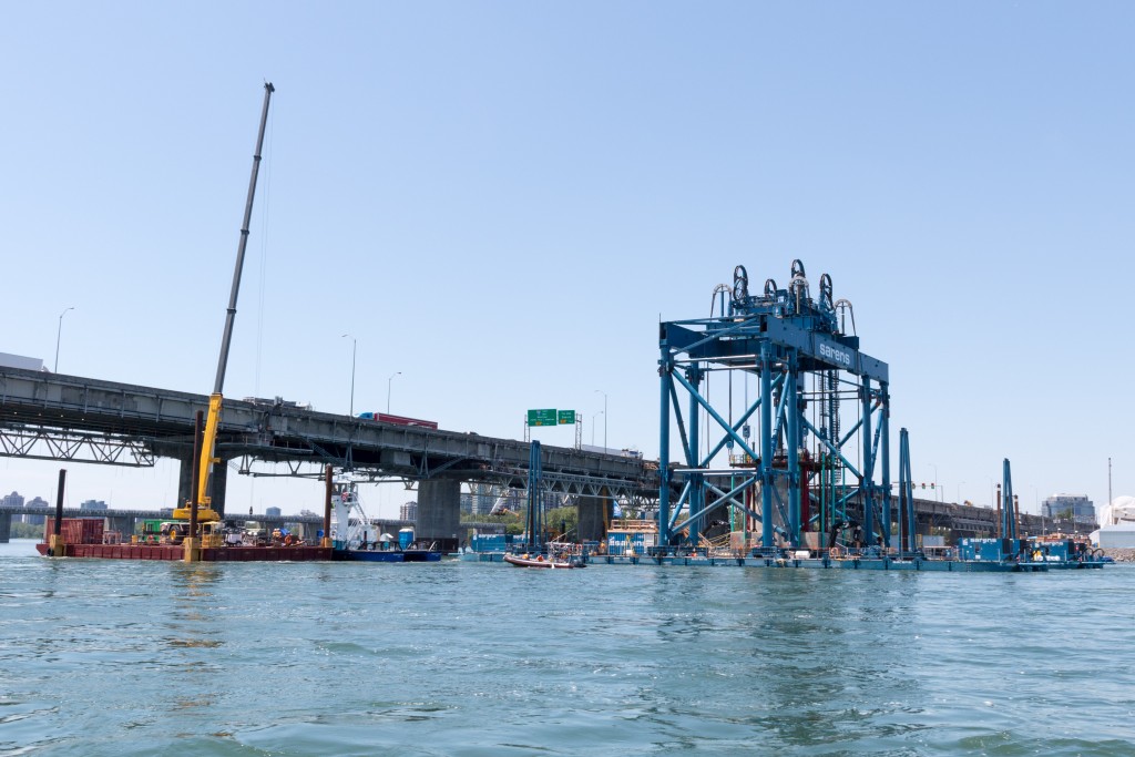 Installation of the bridge’s first foundation into water